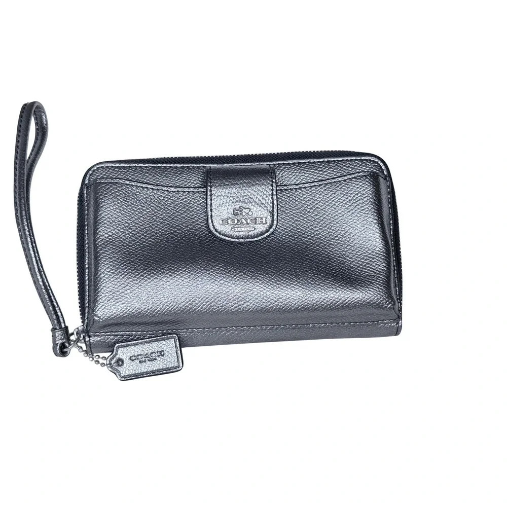 Coach Metallic Gunmetal Silver Pebbled Leather Zip Around Wristlet Wallet Clutch
